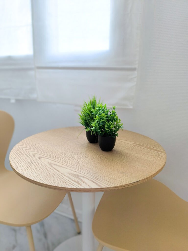 Coin repas lumineux avec table ronde en bois